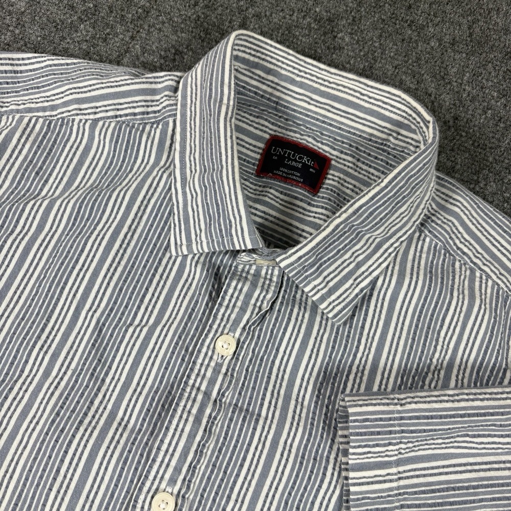 UNTUCKit Shirt Mens Large Caleb Seersucker Striped Button Front Untucked Blue